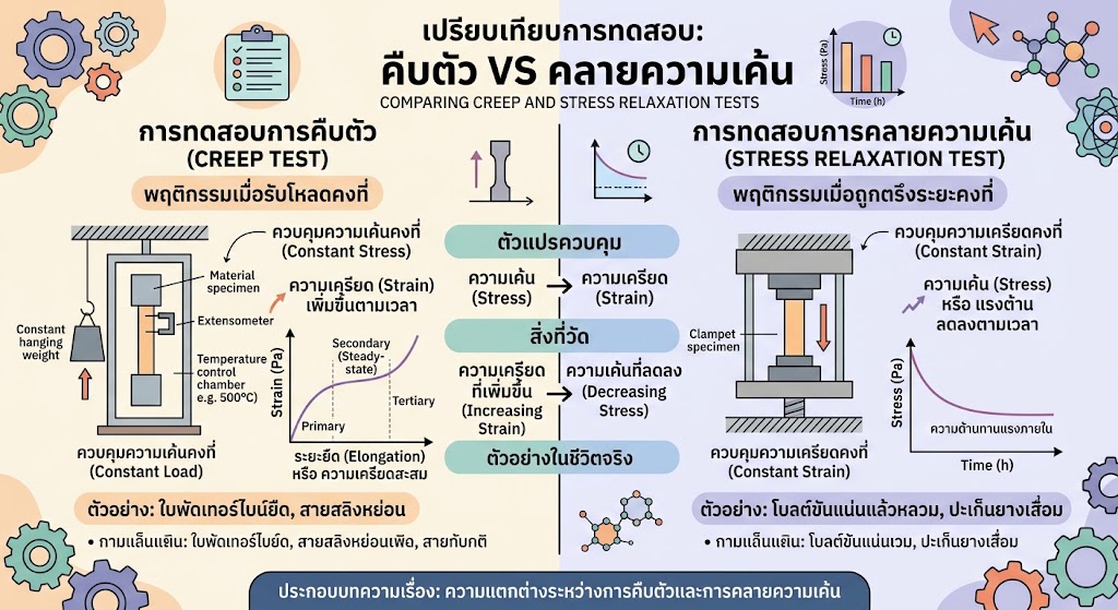 การทดสอบการคืบตัว (Creep Test) และ การทดสอบการคลายความเค้น (Stress Relaxation Test) แตกต่างกันอย่างไร